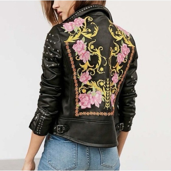 silence + noise Jackets & Blazers - Silence + Noise Irina Studded Embroidered Faux Leather Jacket Black SZ XS